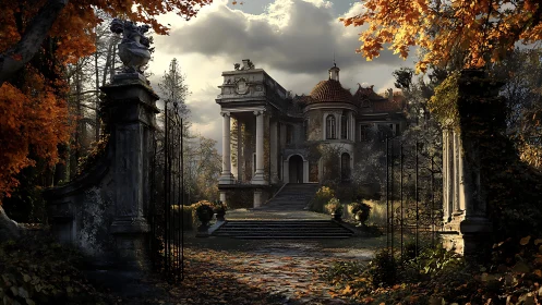 Autumn palace courtyard under dramatic storm clouds