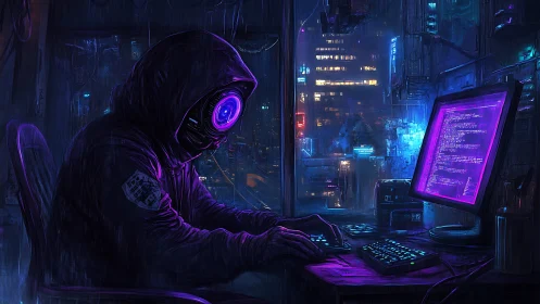 Neon cyclops coder bends violet code through rainy midnight