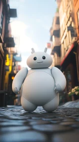 Friendly white robot on cobblestone alley in soft daylight.