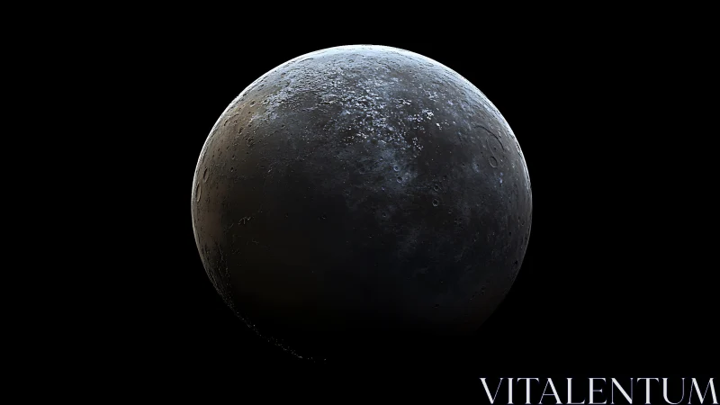 Rendered rocky moon with cratered surface in deep space.