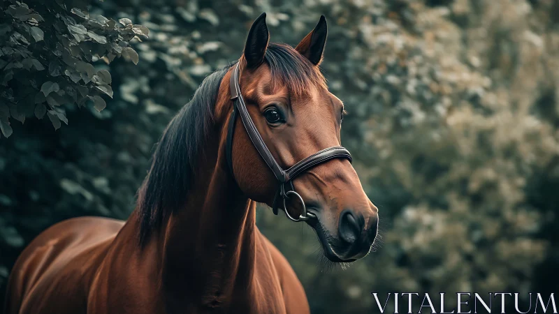 Brown horse portrait in bridle against soft green foliage.