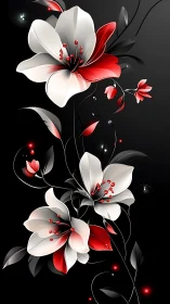Red and White Flowers Dance Against Black.
