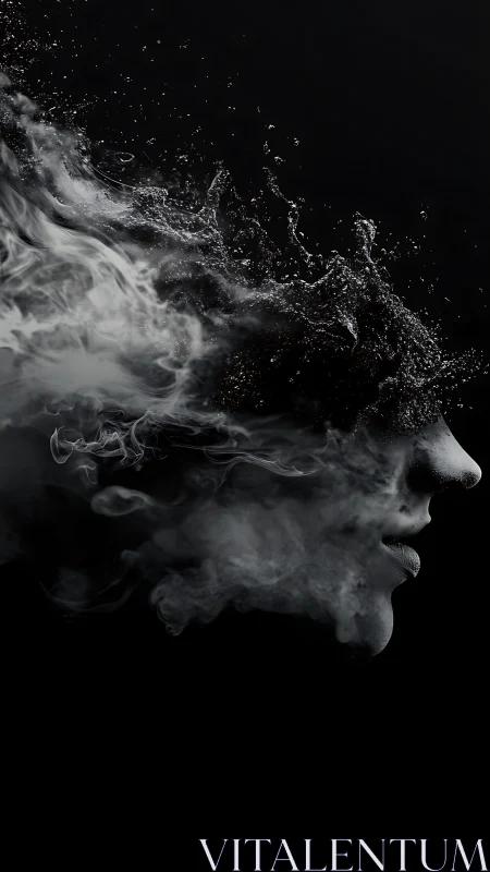 Smoke-born visage dissolving into liquid starlit fragments.