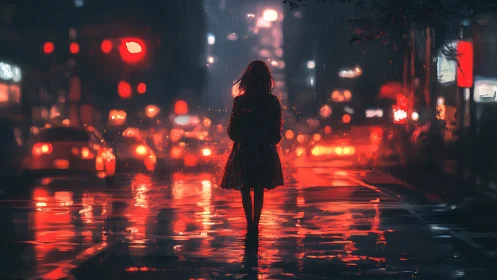 Solitary figure crossing neon city street in the rain.