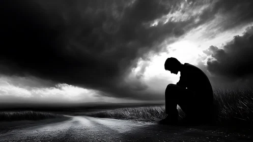 Silhouetted man sits alone by rural road under storm clouds.
