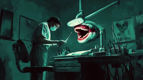 Surreal dentist in dim clinic facing floating gaping mouth.