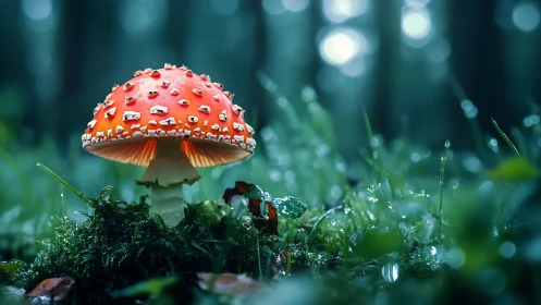 Fly agaric mushroom glows softly in dewy forest floor