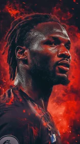 Fiery athletic portrait with dramatic red particle field.