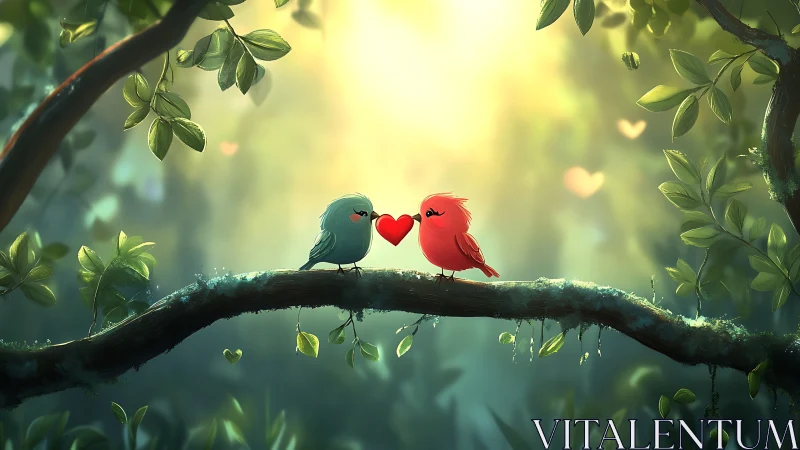 Two Birds Hold Red Heart on Moss-Covered Branch
