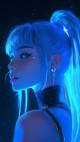 Neon-lit cyber portrait isolates a blue-haired futuristic muse
