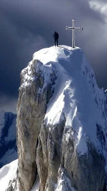 Solitary climber on a snowy peak beside a shining cross.