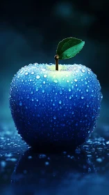 Blue dew-covered apple rests on reflective wet surface