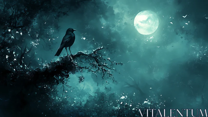 Raven Perched on Ancient Branch Under Full Moon.