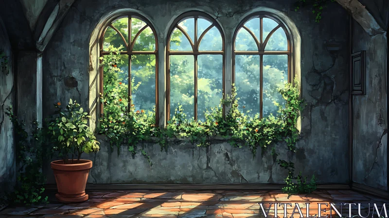 Sunlit overgrown hall with arched windows and ivy plants.
