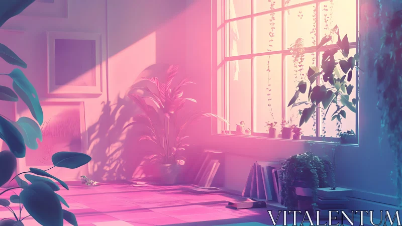 Sunlit pastel studio corner with lush indoor plants bathed pink.