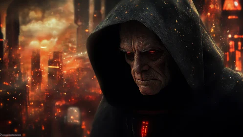 Hooded dark figure brooding over a burning neon cityscape.