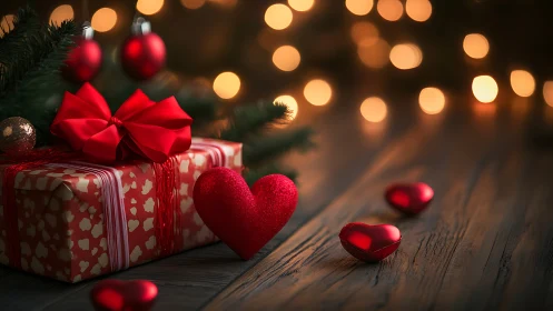 Red gift box with hearts and Christmas bokeh lights on wood