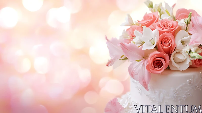 Ornate Wedding Cake with Pink Floral Arrangement.