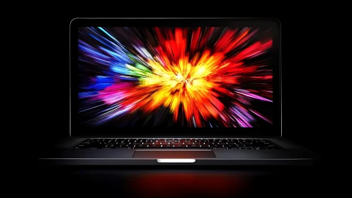Laptop screen showing intense multicolor light burst effect.