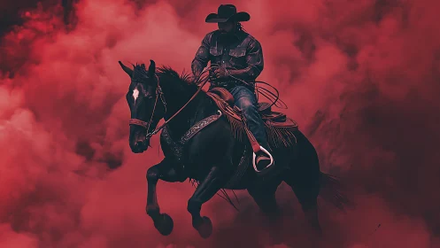 Cowboy on galloping horse in dense red atmospheric smoke.