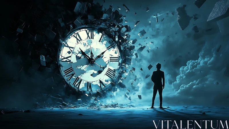 Lone dreamer confronts a shattering cosmic clock of fate.