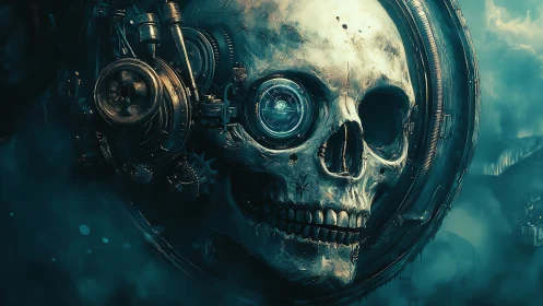 Cyborg skull rendered with mechanical optics and gears