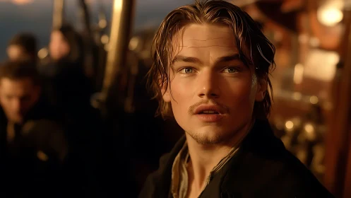 Wind-tossed dreamer gazes forward through molten sunset light