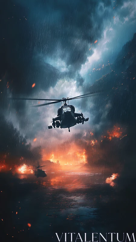 Military helicopter over burning battlefield in storm.
