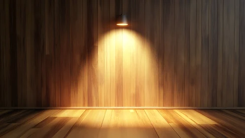 Photorealistic wooden interior with focused wall spotlighting.