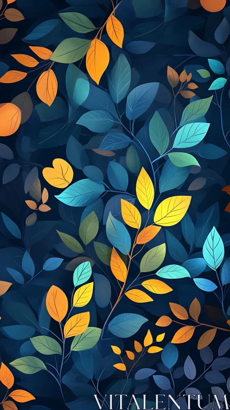 Colorful leaf branches glow over deep blue foliage field