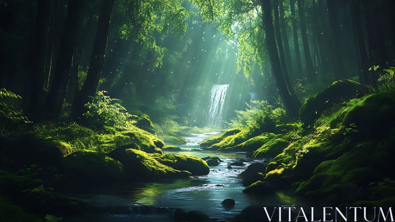 Cascading waterfall through emerald forest canopy with radiant light