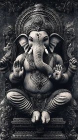 Monochrome seated Ganesha sculpture displays detailed relief