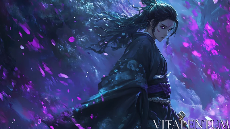 Stoic swordsman in dark kimono amid glowing petals.