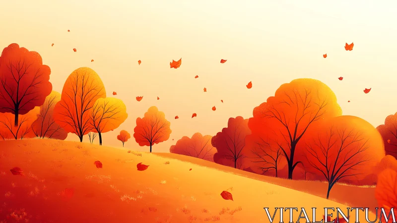 Autumn hillside grove with stylized orange foliage under wind.