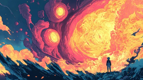 Solitary figure observing turbulent fiery sky formation.