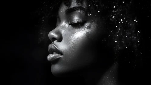 Dramatic black and white portrait of woman with glittering highlights.