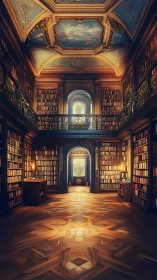 Sunlit baroque library interior with ornate ceiling.