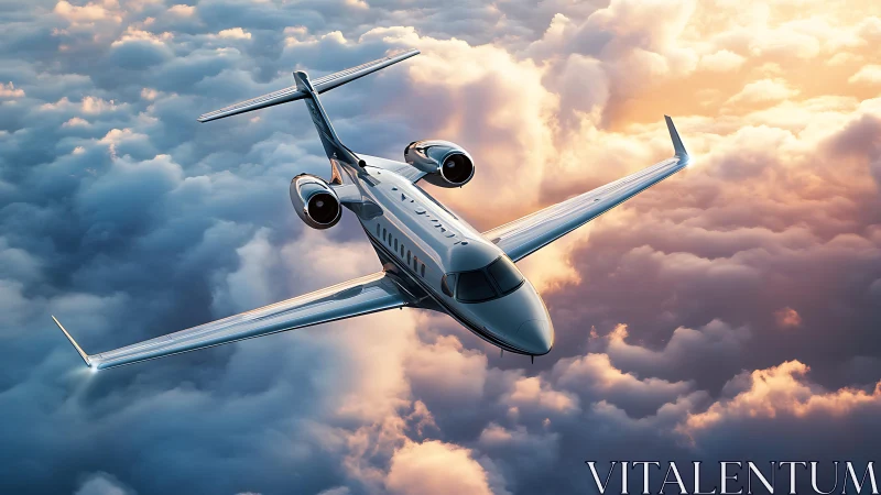 Luxury jet cuts through sunlit cumulonimbus cloudscape.