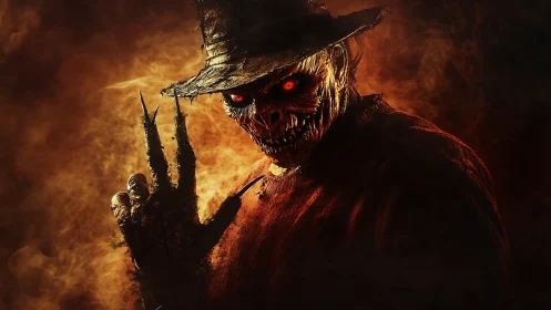 Smoldering nightmare scarecrow grins through ember-lit smoke
