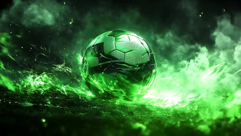 Glowing green digital soccer ball surrounded by energy flames