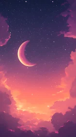 Crescent Moon Above Radiant Sunset Cloudfield Composition.
