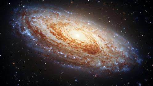 Spiral galaxy glows with golden light in quiet starry space.