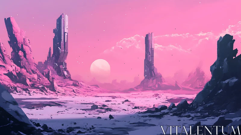 Futuristic monoliths rise over a serene pink alien desert