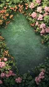 Pink and Orange Flowers Frame Weathered Green Wall.