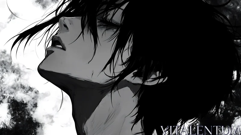 Monochrome profile of pensive figure amid swirling clouds.