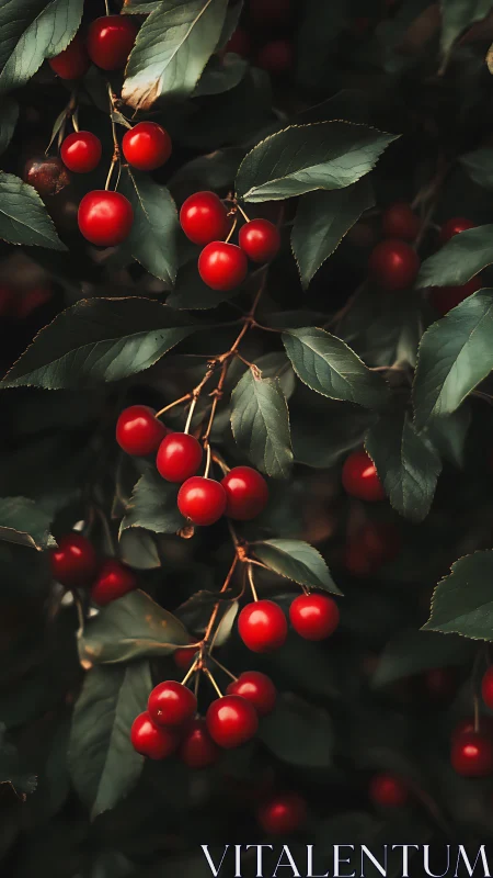 Ripe red cherries on leafy branches in soft natural light.