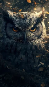 Forest night unravels under the ember gaze of a hidden owl