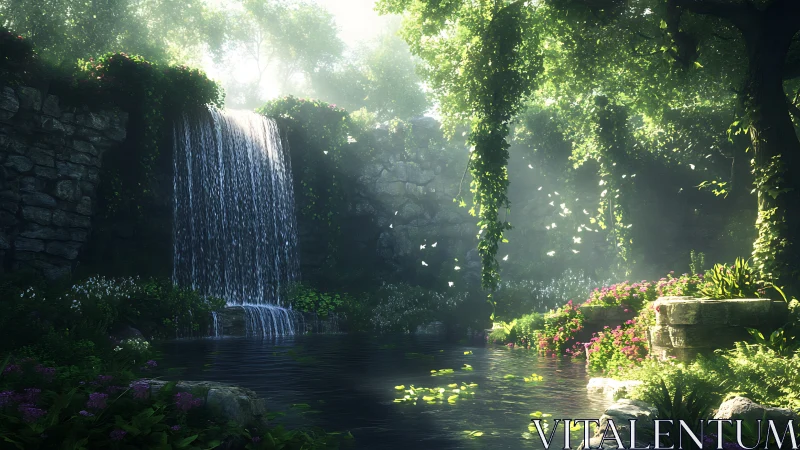 Lush forest waterfall pool with sunlit stone ruins.