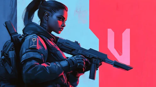 Neon sentinel poised in cyan and crimson standoff glow.