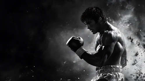 Monochromatic Athletic Portrait: Shirtless Boxer in Combat Stance with Dynamic Particle Effects